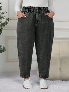 SHEIN CURVE+ Quần jeans túi hộp co giãn cao dành cho nữ cỡ lớn - Màu xám đen - Xem 3