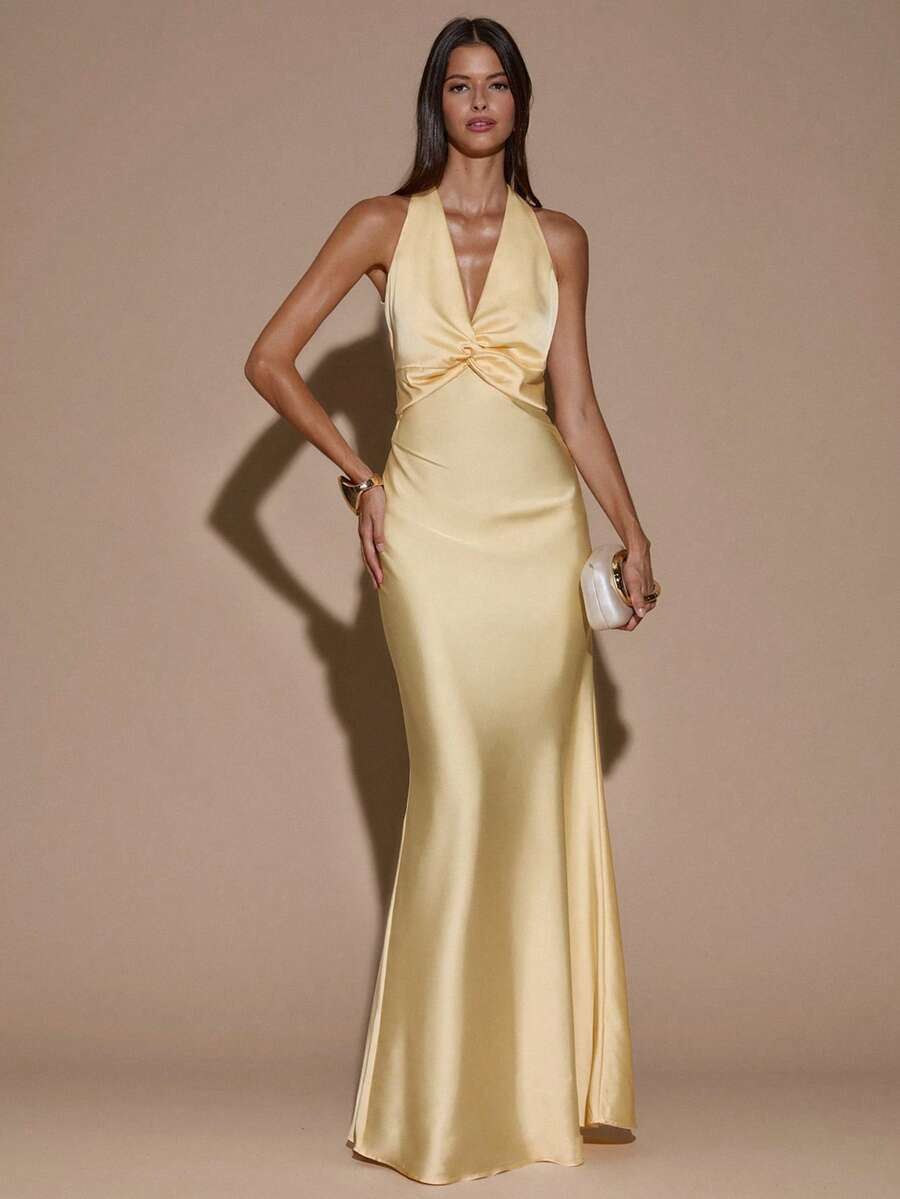 SHEIN BAE 性感简约纯色黄色/奶油色深 V 领露背蝴蝶结露背长款美人鱼连衣裙，适合派对、鸡尾酒会、正式场合、伴娘、生日、圣诞节、商务休闲 - 鵝黃色 - 查看 1