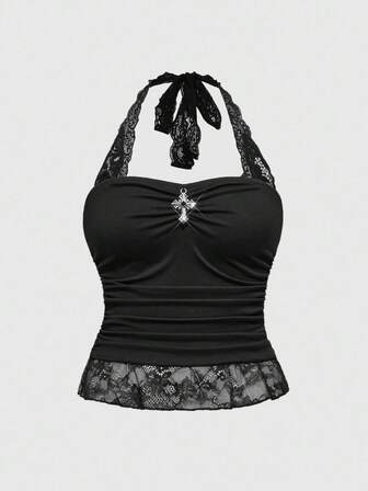 Goth Camiseta de tirantes con cordones de encaje estilo gótico y decoración de colgante de cruz, talla grandetalla grandeás suéter negro de punto, top negro, camiseta negra de cuello alto de ajuste ceñido para mujer de talla grande, otoño/invierno