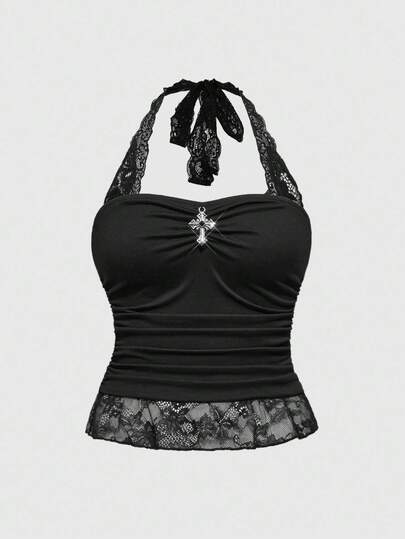 Plus Size Gothic Lace Tie-Up Spaghetti Strap Camisole With Cross Pendant Decor And Plus Size Black Knit Sweater, Black Tank Top, Autumn/Winter Plus Size Women Slim Fit Turtleneck Black Camisole