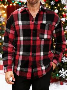 Manfinity Homme 男士红黑格子翻领休闲衬衫外套，水牛格纹户外音乐节、夜店酒吧、男友/老公礼物、周年纪念礼物、朋克风、圣诞节、秋冬季 - 紅色 - 查看 4