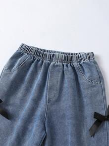 2pcs/Set Young Girls Spring, Autumn & Winter Back To School Casual Fashion Sweatshirt Set, Black Sequin Bow Front, Gray Solid Knit Sweatshirt With Ribbed Cuffs, Collar & Hem, Paired With Black 3D Bow Accent Jeans, Suitable For Cute & Sweet Daily, School, Vacation, Party Wear In Autumn/Winter - Multicolor - View 6