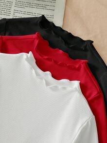 SHEIN LMoss Kids Bộ đồ liền thân LMoss 3 món/bộ cho bé gái sơ sinh, chất liệu len ấm áp, màu trơn, nhún bèo, mùa thu - Nhiều màu - Xem 4