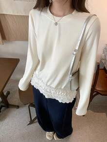 DAZY Women's Casual Versatile Lace Trim Long Sleeve T-Shirt