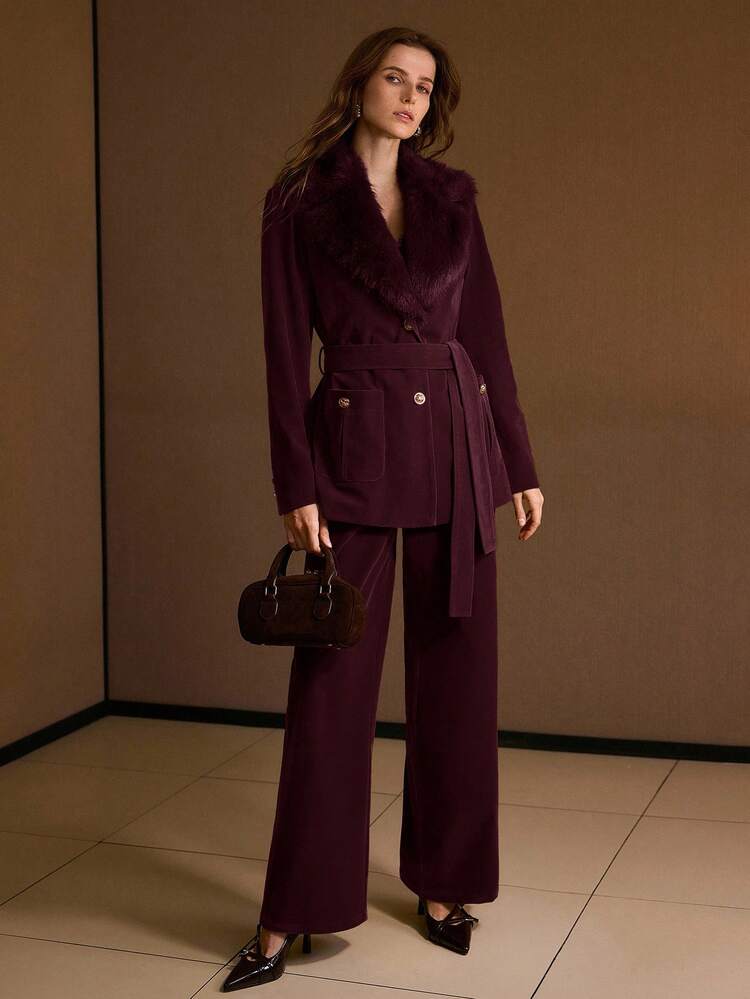 DETACHABLE FUZZY COLLAR SINGLE BREASTED COAT