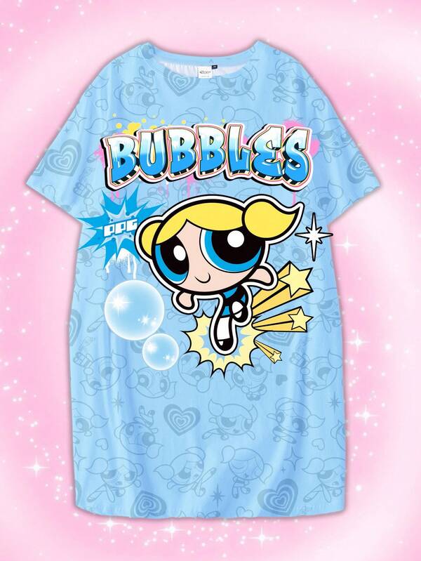 THE POWERPUFF GIRLS X SHEIN Camisón de manga corta de cuello redondo con estampado de burbujas en azul de talla grande