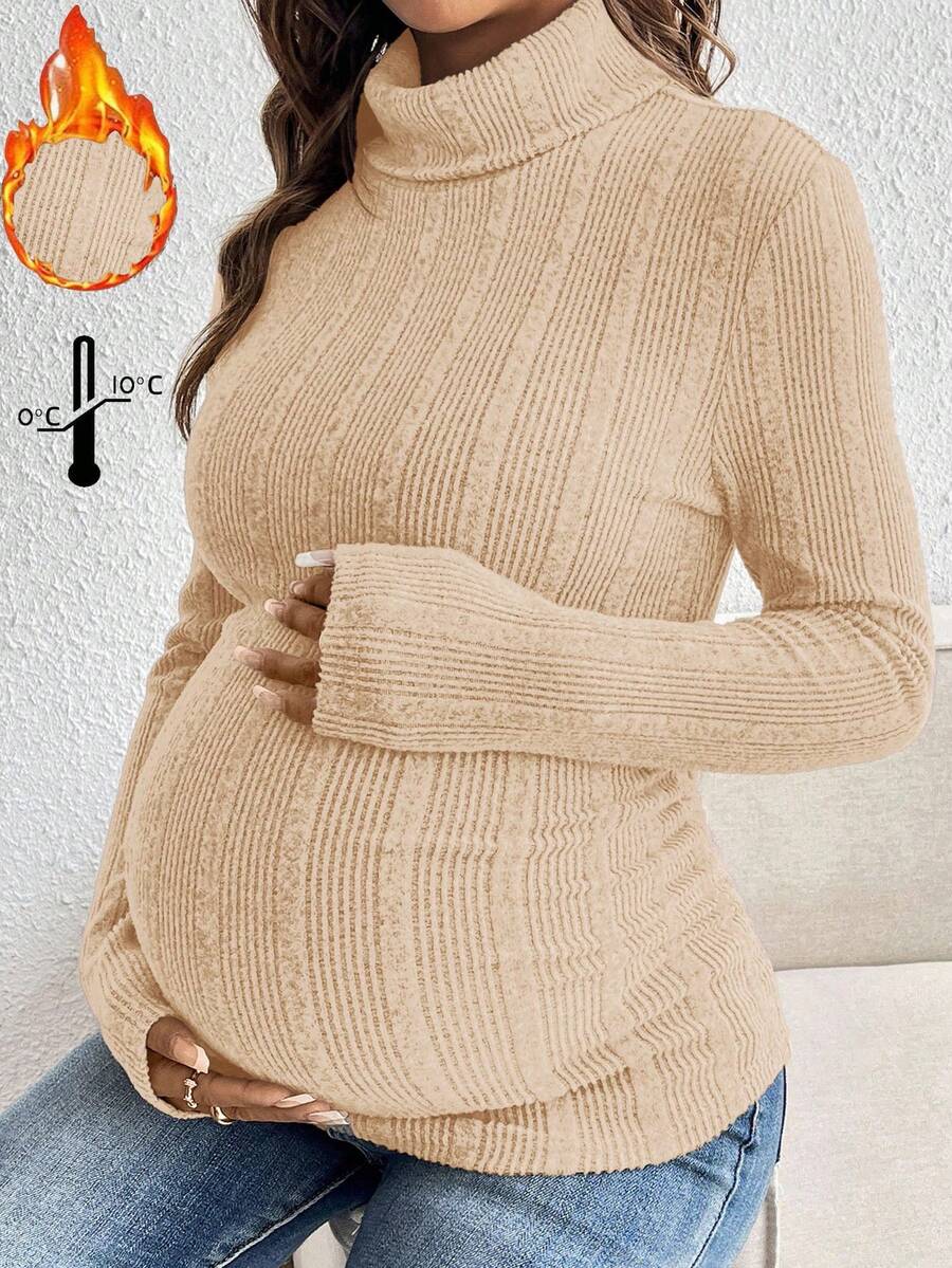 SHEIN 孕妇纯色高领插肩长袖修身休闲百搭T恤 秋冬 - 杏色 - 查看 1