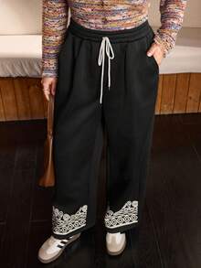 EMERY ROSE Plus Size Czarne spodnie z nadrukiem, codzienne, zimowe, przytulne, jesienno-zimowe, w stylu wiejskim dla kobiet, w stylu wiejskim, na koncert w stylu wiejskim - Czarne - Zobacz 4