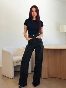 Abrilcols Ropa de mujer para invierno y otoño, pantalones vaqueros rectos casuales de cintura media con múltiples bolsillos decorados con strass negros para mujer. Para uso diario, salidas, conciertos, festivales, fiestas, ropa de club, ropa navideña para mujer - Negro - Ver 4