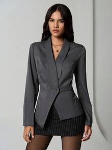 TRNVIE 1 pièce Blazer casual/de travail pour femmes avec col asymétrique et taille cintrée, coupe évasée, gris foncé, automne/hiver - Gris - Voir 5