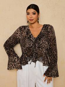 Travachic Áo cánh tay dài bằng vải voan họa tiết da báo cỡ lớn cho nữ, cổ chữ V xếp nếp lãng mạn thanh lịch - Màu Khaki - Xem 6