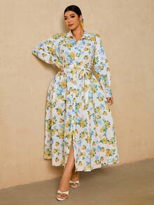 SHEIN VCAY Damen Große Größen Obst Muster Langarm Einreihiges Lässiges Hemdkleid - Beige - Übersicht 3