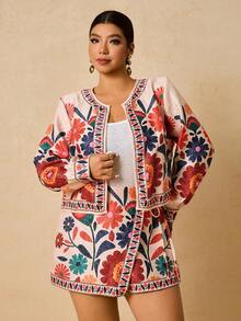 Travachic Conjunto de 2 peças de jaqueta e saia-calça plus size feminina com estampa floral damasco, roupa romântica para encontros de outono/inverno - Damasco - Ver 3
