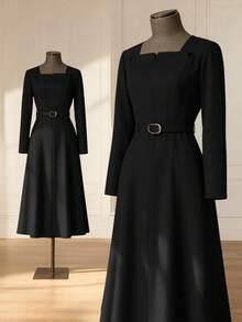 GlowEve 女士优雅通勤连衣裙，巧克力棕色方领，3D褶裥，金属扣腰带，收腰设计，A字版型，鱼尾下摆 - 黑色 - 查看 1