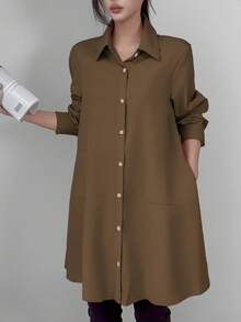 SHEIN Unity Áo sơ mi dài cài nút tối giản màu trơn thường ngày dành cho nữ - Cà phê nâu - Xem 7