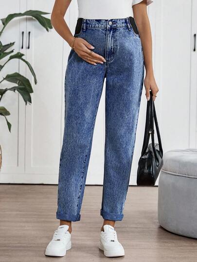 SHEIN Maternity High Waist Fashionable Casual Loose Flared Cuffed Jeans, Blue