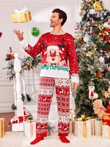 SHEIN 2pcs Men's Red & White Christmas Reindeer Fairisle Pajama Set, Comfortable Homewear Suit, Family Matching, Fall Winter Clothes Family Christmas Matching Pajamas Set - Red and White - View 3