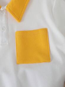 SHEIN Young Boys Yellow Contrast Collar White Long Sleeve Polo Shirt And Loose Blue Contrast Pocket White Pants Sets - Beige - View 4