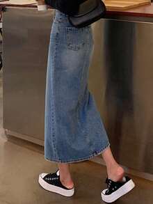 Dazy Tall 高个女式休闲牛仔半身裙，侧开衩设计，街头风 - 中等水洗藍 - 查看 7