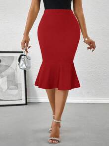 SHEIN Lady Falda lápiz elegante con volantes en el bajo, ajustada, color rojo, adecuada para ir al trabajo - Rojo - Ver 4