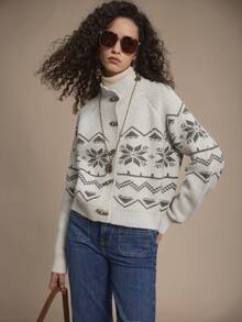 Florisole كارديجان نسائي بأكمام طويلة وأزرار قرنية بنمط هندسي من نوع فير آيل، شعور بالكسل