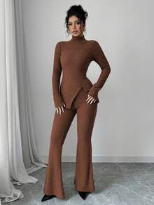 Elenzga 2 件套女式休闲不对称下摆长袖上衣和喇叭裤套装，秋季 - 棕色 - 查看 3