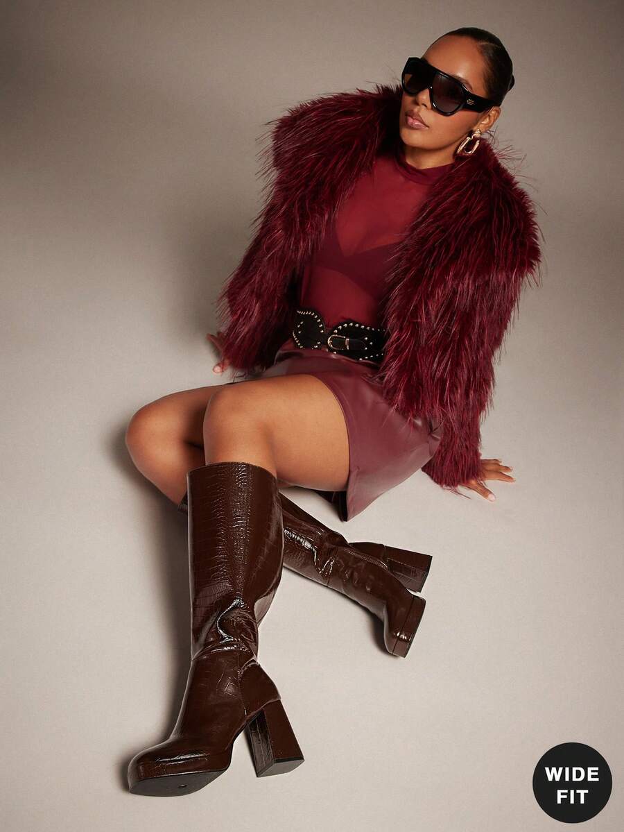 SHUZIA Women's Wide-Calf Glamorous Comfortable Square Toe Platform Knee-High Boots With Inner Zipper For Christmas - Brown - View 1