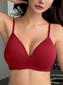 DAZY Seamless Knit Wireless Padded Push-Up Bra With Adjustable Straps For Women - Burgundy - View 6
