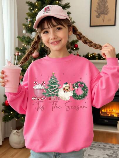 SHEIN Fröhliche Weihnachten Tween Mädchen modischer, kreativer, süßer Weihnachtsmann, Weihnachtsbaum, Kranz, Zuckerstange Muster Crew Neck Sweatshirt, geeignet für Weihnachtsparty Ausflüge