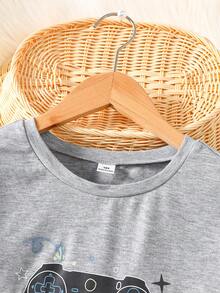 2 件套青少年男孩长袖衬衫和裤子，格子和视频游戏印花，休闲舒适的家居服，春秋季 - 灰色 - 查看 7