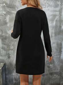 SHEIN LUNE 女士纯色圆领长袖休闲宽松百搭短款连衣裙 - 黑色 - 查看 2