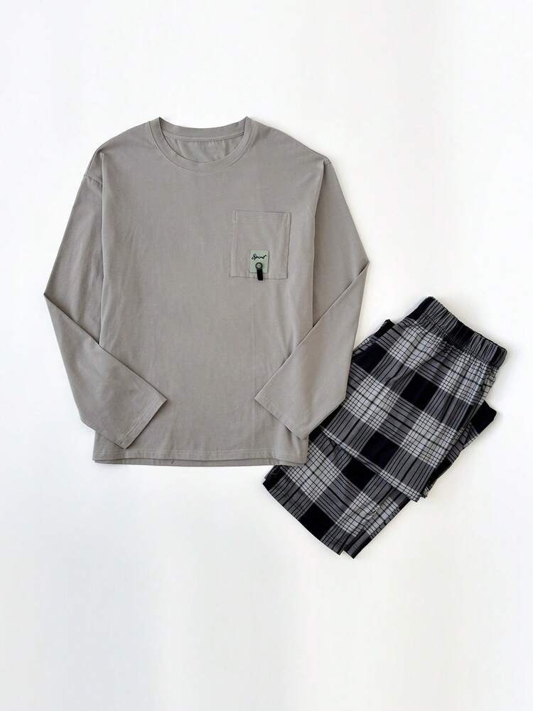 Men's Pocket Patch Letter Print Decor Round Neck T-Shirt & Pants With Loungewear Set, Autumn, Fall & Winter Clothes