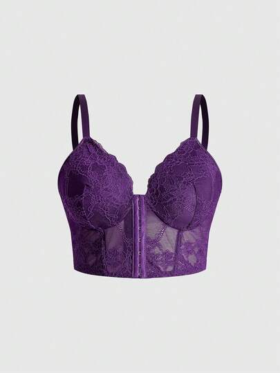 ROMWE Avant Plus Size Front Closure Lace Padded Wireless Lingerie Bra