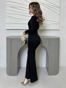 Jemour Square Neck Flare Leg Black Jumpsuit - Black - View 5