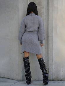 SAYEHFBABY Váy len xám nữ mùa thu có eo, váy dệt kim dáng chữ A, váy len cổ lọ tay đèn lồng, quần áo mùa đông cho nữ - Xám - Xem 2