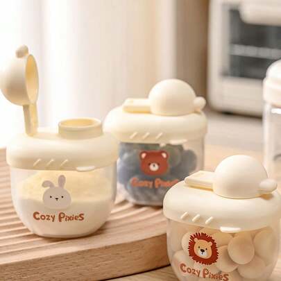 Cozy Pixies Bộ đồ ăn dặm 3 món cho bé: Hộp đựng sữa bột và hộp chia khẩu phần ăn với họa tiết động vật dễ thương.