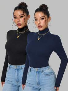 INAWLY 女式秋季纯色修身高领长袖T恤 - 藍色和黑色 - 查看 3