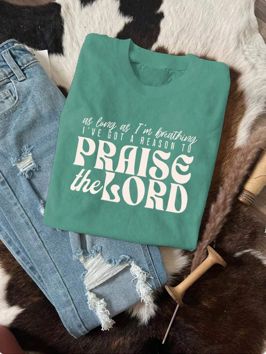 INAWLY As Long As I'm Alive, I Have Reason To Praise The Shirt, Praise The Lord Shirt, Brandon Lake Highlands Christian T-Shirt, Women's Round Neck Printed T-Shirt - Green - View 1