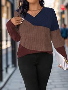 SHEIN Camiseta de talla grande con bloqueo de color para primavera y otoño, camisetas gráficas para mujeres - Multicolor - Ver 3