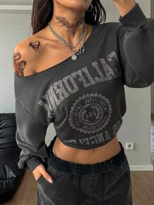 Coolane Women's Fall/Winter Vintage Streetwear Homecoming Daily Wear Casual Knit Place Name Pattern One Shoulder Sweatshirt - Dark Grey - View 3