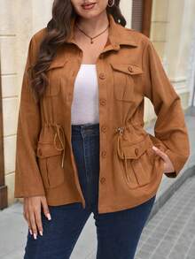 SHEIN LUNE Plus Size Casual Versatile Utility Pocket Jacket, Suede Fleece Workwear Pocket Made Of Western Suede Winter New Year Brown - Khaki - View 1