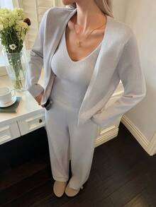 DAZY 女士睡衣套装（冬季）针织开衫、背心和裤子三件套 - 灰色 - 查看 6