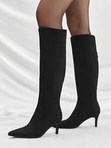 Mnmlis بوت نسائية ذات أصابع مدببة وسحاب خلفي طويلة حتى الركبة، كعب عالي رفيع باللون الأسود - الأسود - مشاهدة 1