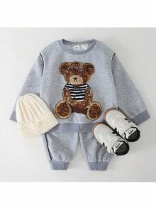 THE HAPPY LOOK 2pcs/Set Young Boy Cartoon Bear Pattern Knit Soft Crew Neck Long Sleeve Pullover Sweatshirt And Elastic Waist Pants - Multicolor - View 3