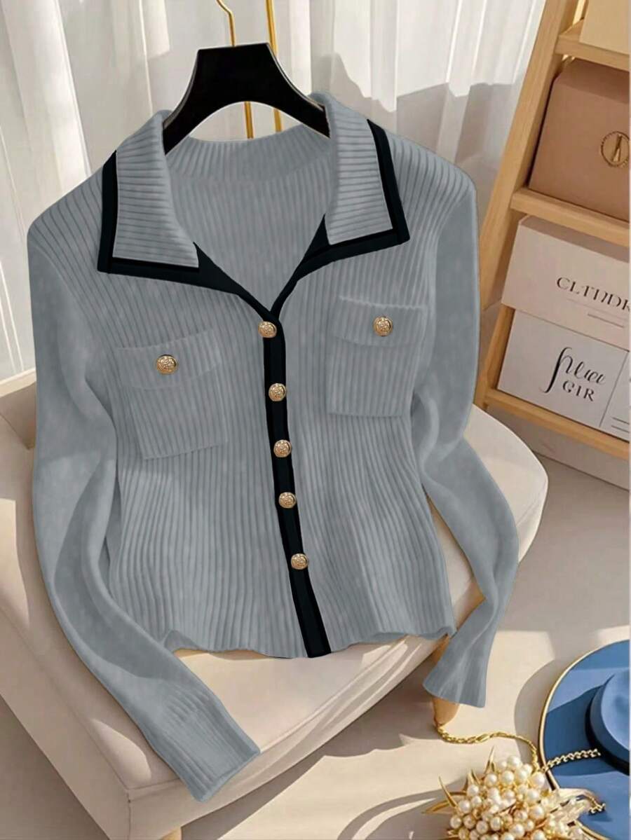Franclia New Autumn Slim Fit V-Neck Contrast Color Elegant Cardigan For Women - Grey - View 1