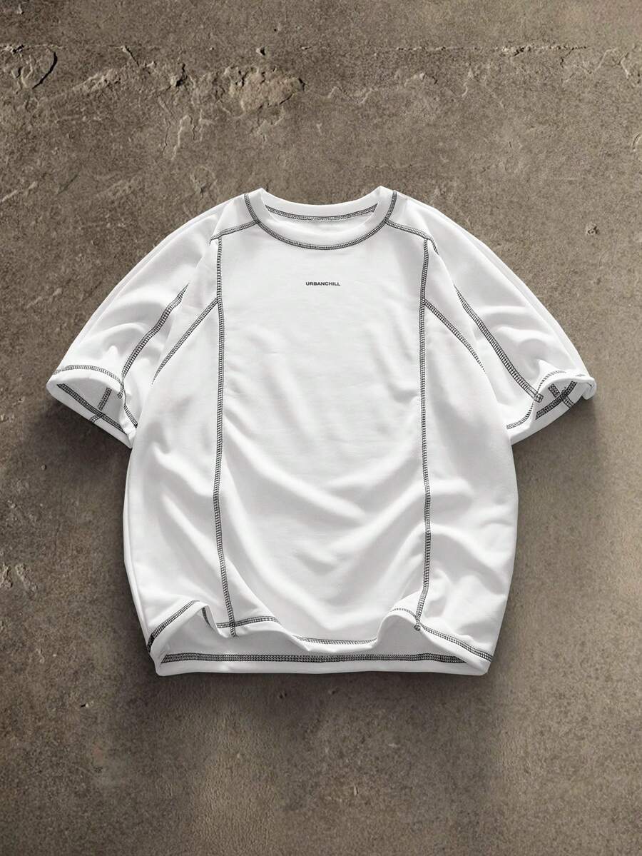 AXEPEAK 男士针织时尚休闲宽松短袖T恤，日常年轻，夏季 - 白色 - 查看 1