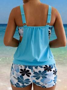 SHEIN Swim Bộ đồ bơi Tankini họa tiết hoa dành cho nữ, phong cách bãi biển và nghỉ dưỡng cho mùa hè - Màu xanh lam - Xem 2