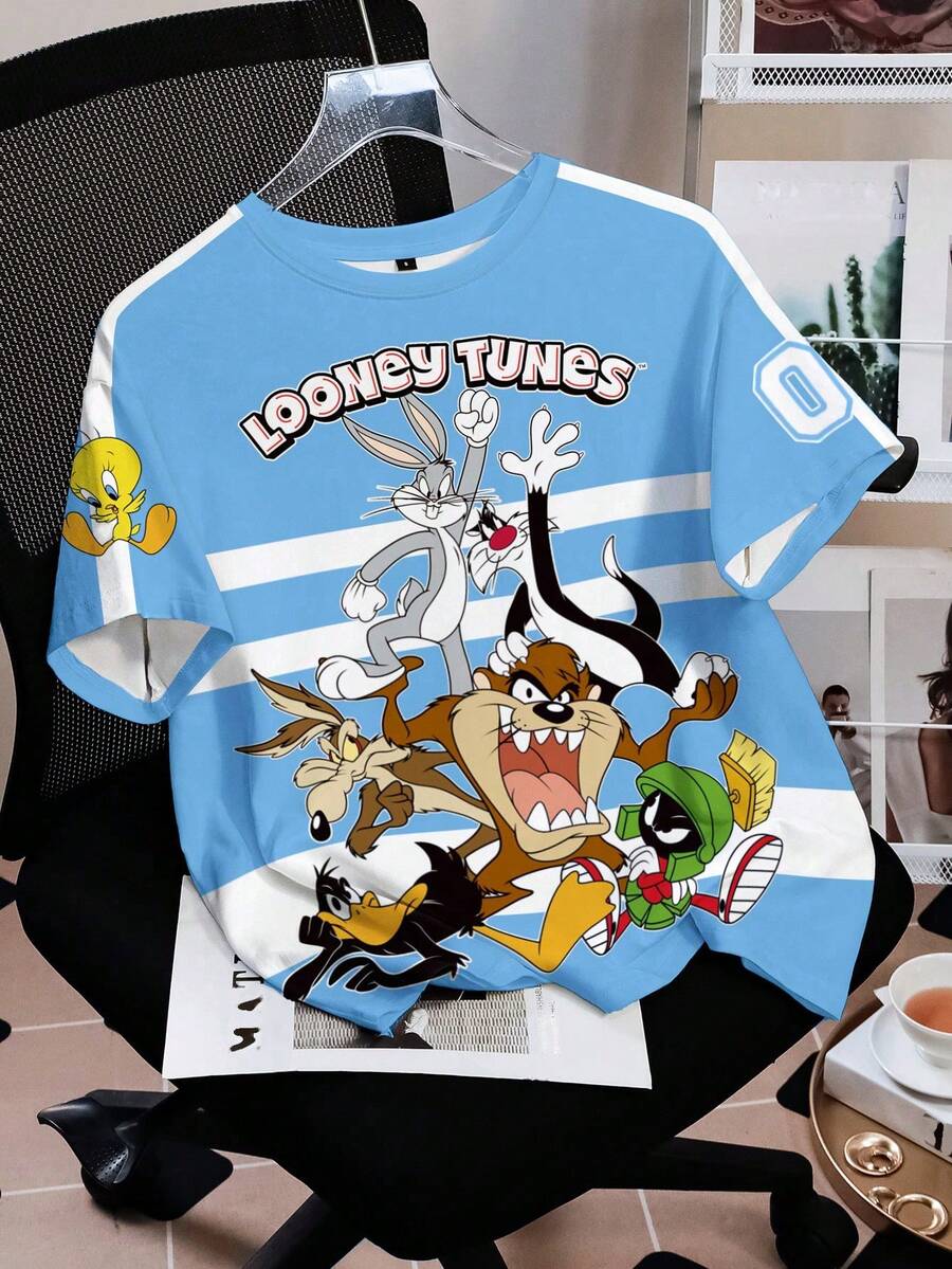 LOONEY TUNES X SHEIN Women's Casual Sports Style Cartoon Letter & Striped Print Short Sleeve T-Shirt, Summer