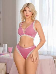 PetitDoll 2件套女士蕾丝拼布内衣套装 - 粉色 - 查看 1