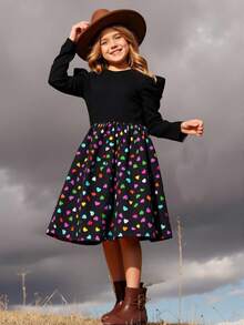 SHEIN 青少年女孩休闲拼布心形印花荷叶边长袖上衣，秋季